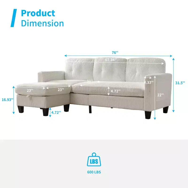 Mjkone 76 Convertible L-Shaped Sectional Sofa with Storage Ottoman,Corduroy 3-Seater Couch