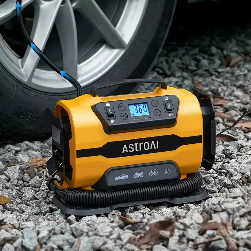 AstroAI Tire Inflator Portable Air Compressor Pump 150PSI 12V DC/110V AC with Dual Metal Motors for car, bicycle tires
