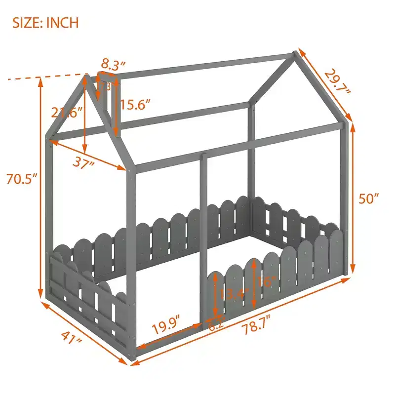 Twin Montessori Floor Bed Frame for Kids, Wooden House Bed with Fence, Low Floor Toddler Bed, Gray