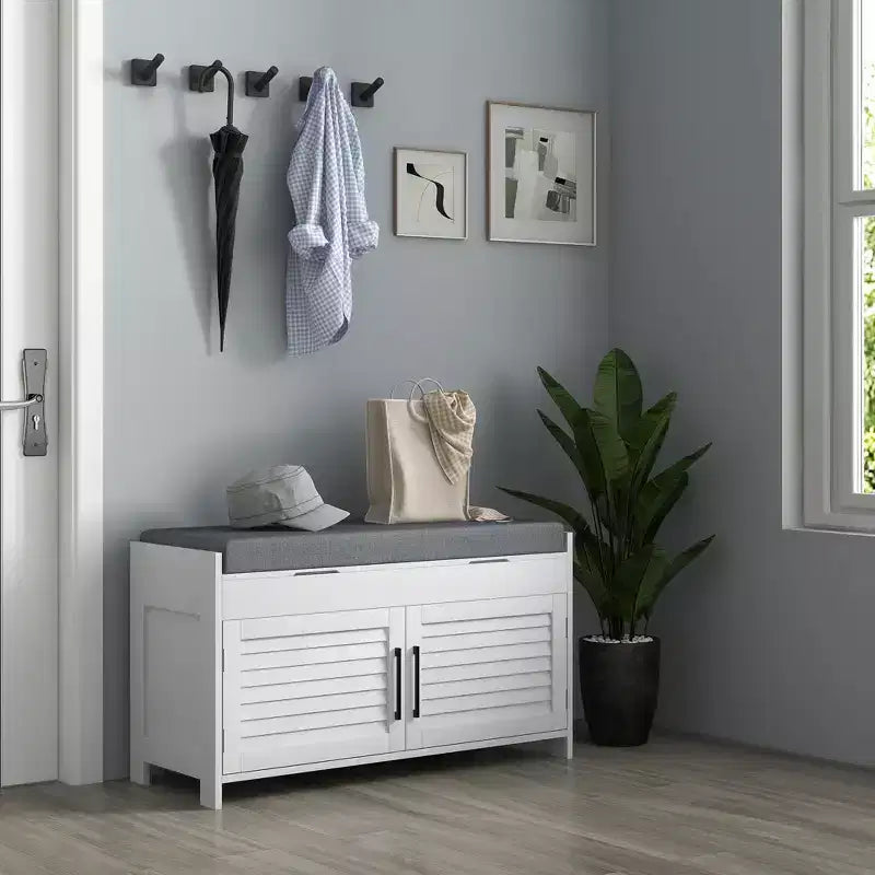 HOMCOM Shoe Bench, Modern Entryway Bench with Cushion and Hidden Compartments, 35.4 Shoe Organizer with Adjustable Shelves and Shutter Doors, White