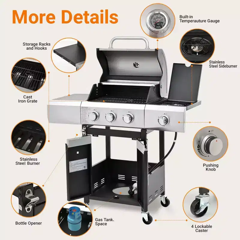 TUYOHW 3-Burner propane Gas BBQ Grill,40500BTU Output Outdoor Grill with Wheels&Foldable Side Table,Enameled Cast Iron Cooking Grids