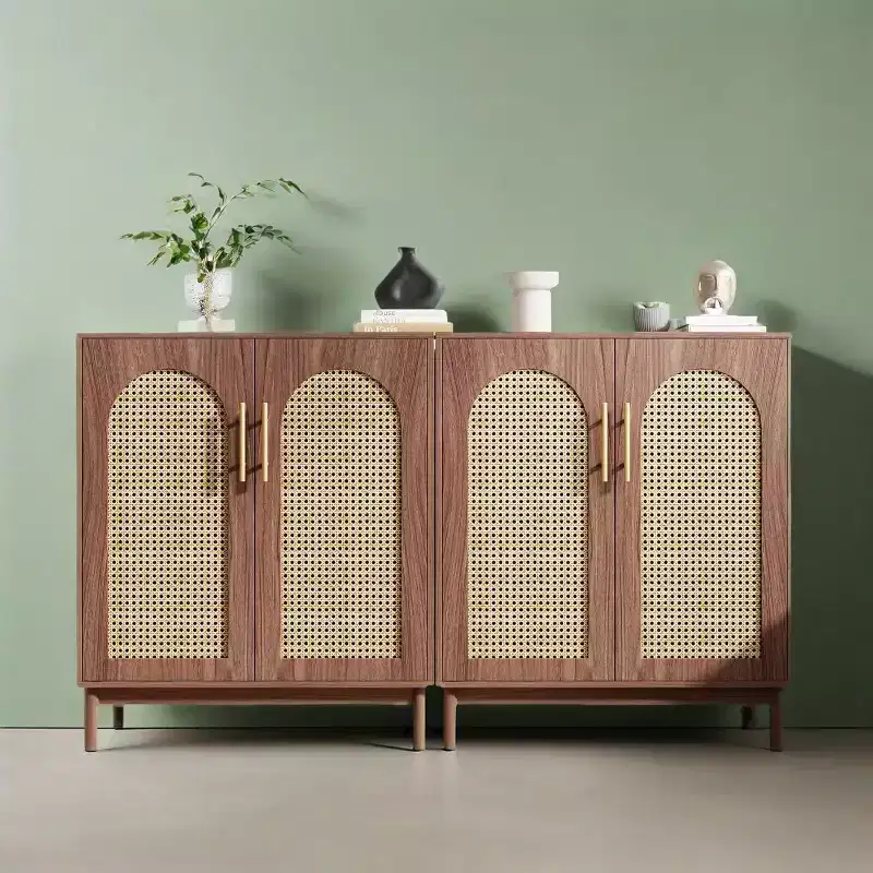 Sideboard Buffet Set of 2, Accent Rattan Storage Cabinet with DoorsBrwo