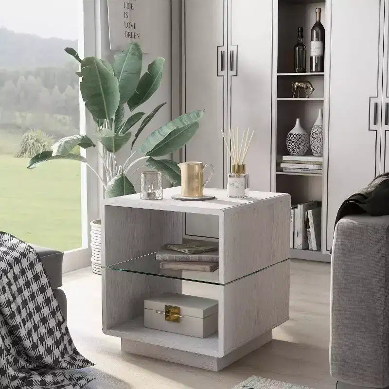 miBasics Welnick Modern End Table with Glass Shelf White Oak : Tempered Top, Transitional Style, Storage Base