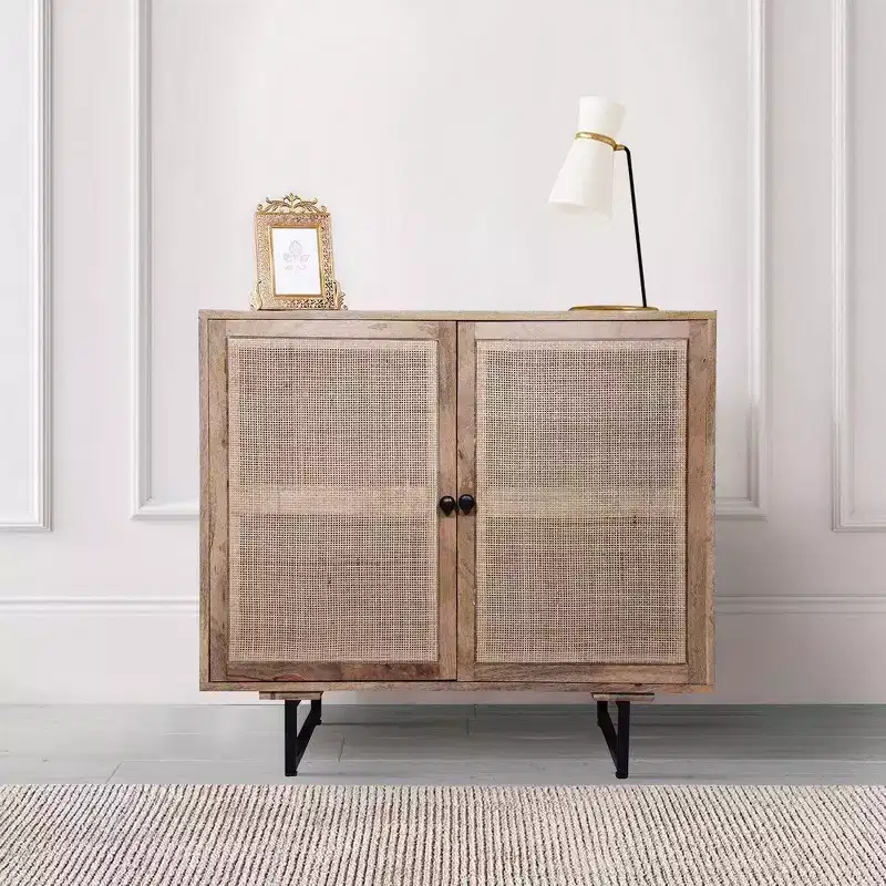 Royal Hampton 35 Inch Handcrafted Accent Cabinet with 2 Mesh Rattan Doors, Black Iron Legs, Mango Wood Frame
