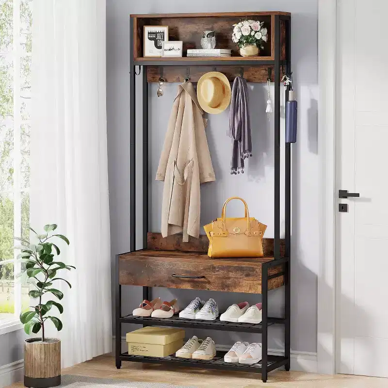 Entryway Hall Tree with Drawer, Vintage Industrial Coat Rack with Shoe Bench and Hutch for Living Room, Bedroom, Brown