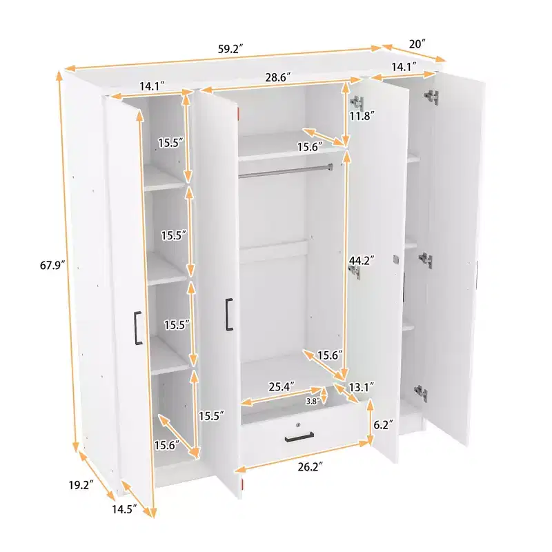 Armoire-penderie en bois à 4 portes avec tringle, 1 tiroir et étagères de rangement