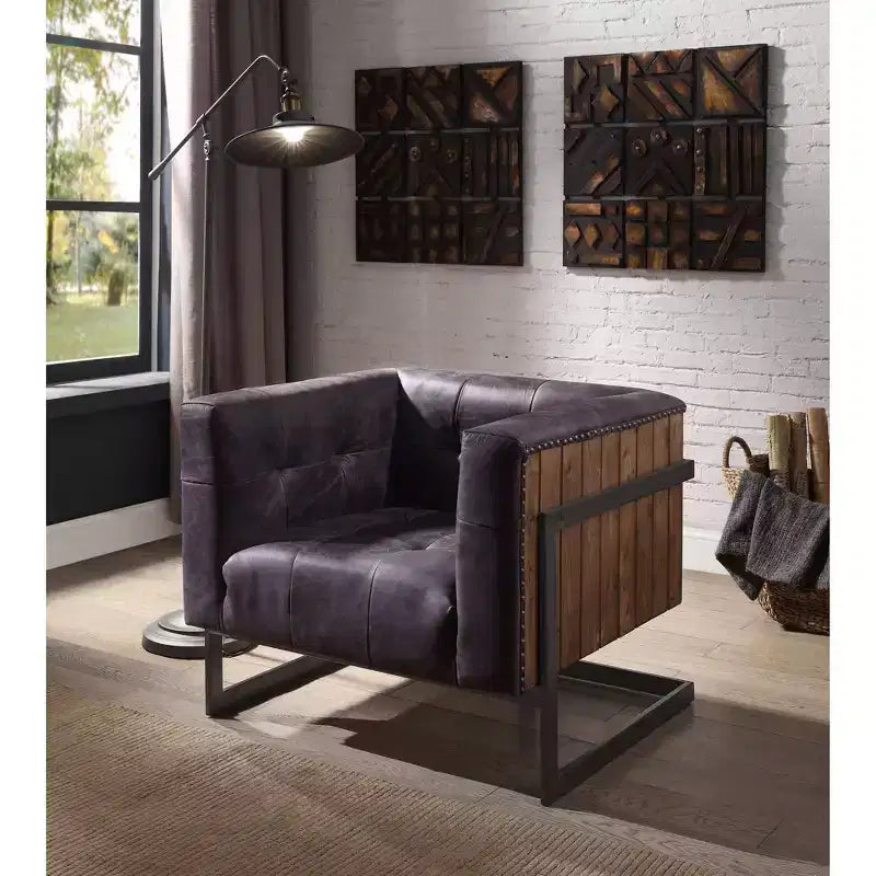 31" Sagat Accent Chair Antique Black Top Grain Leather/Rustic Oak - Acme Furniture: No Assembly, Metal Frame, Spot Clean