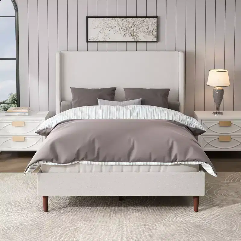 Queen/King Size Upholstered Bed Frame, Chenille High Headboard Platform Bed, No Box Spring Needed, Ivory White