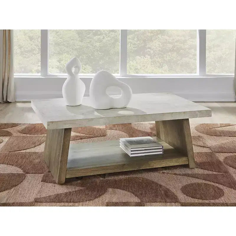 Signature Design by Ashley Brendalhouse Coffee Table - Light Brown Wood with Faux Cement Top, Rolling Casters, Bottom Shelf Storage
