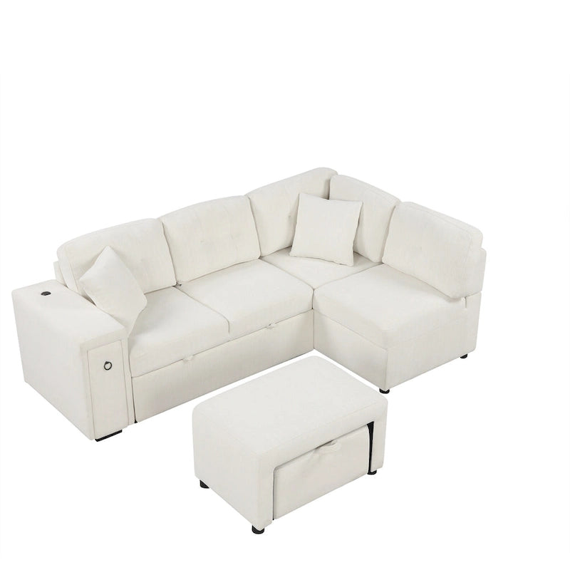L-Shaped 4-Seat Sectional Sofa with Pull-Out Bed, Ottoman, USB Ports & Drop-Down Table
