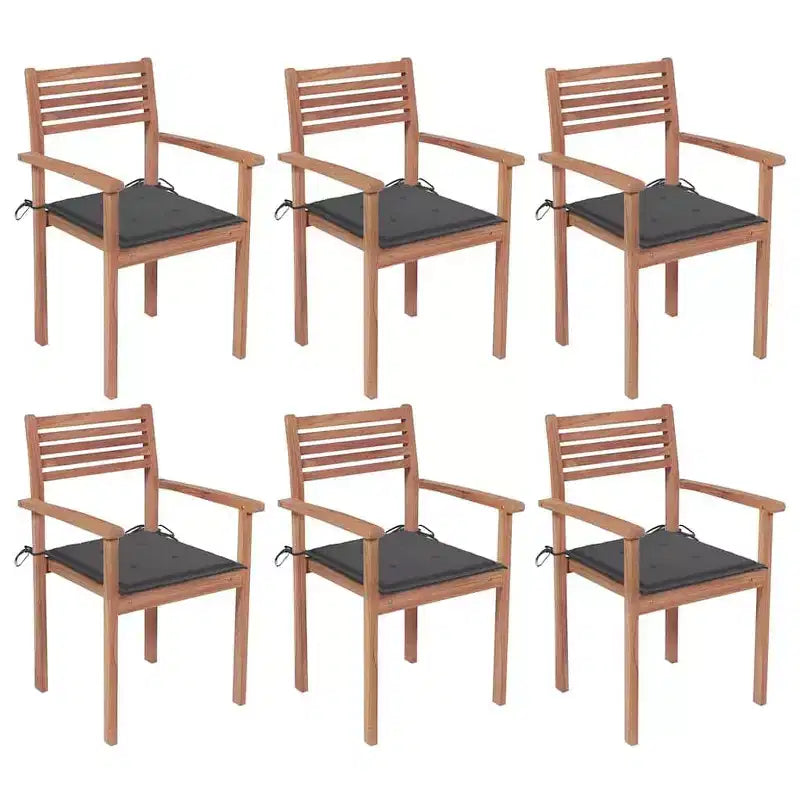 vidaXL - Set of 6 Stackable Patio Chairs with Cushions - Solid Teak Wood, Durable and Weather-Resistant, Ideal for Home, Office, Bar or Cafe