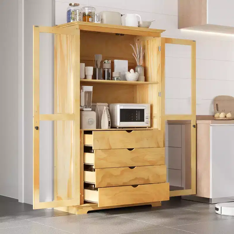 44.7x20x75inch Kitchen Pantry, Freestanding Kitchen Storage Cabinet Display Cabinet with Glass Doors and 4 Built-in Drawers for Living Room