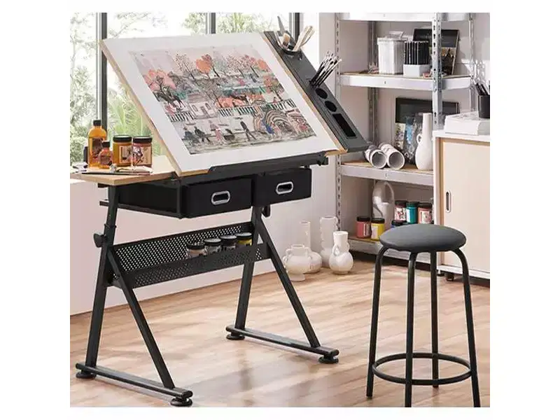 Adjustable Height Drafting Table, 0-75 Tilting Oak Tabletop, 2 Storage Drawers, Stool, Artist Desk for Drawing, Painting, Crafting, Writing