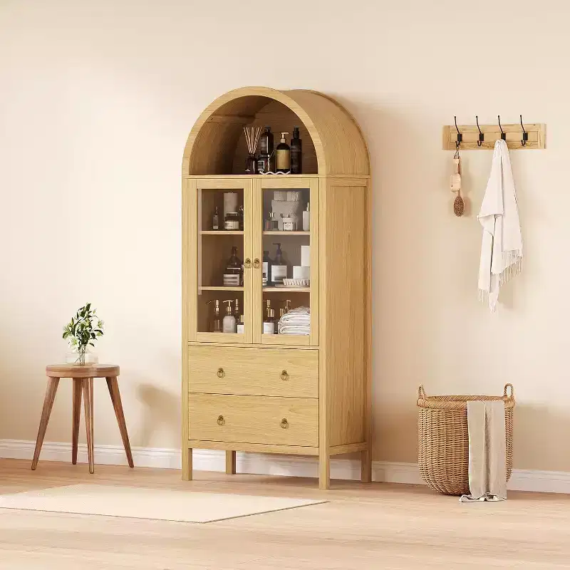 Arched Pantry Cabinet, 71 Farmhouse Display with Glass Doors & 2 Drawers, Adjustable Shelves for Kitchen, Dining Room, Bathroom