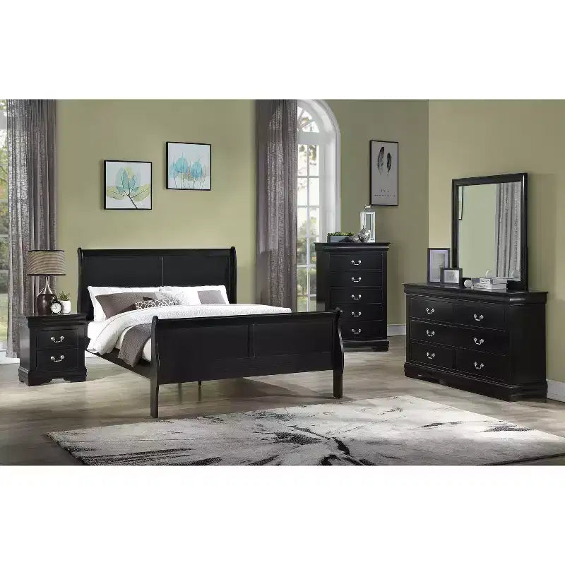 Solid Wood Bedroom Furniture 5-Drawer Chest, Sleigh Bed, Brass Hardware, Easy Assembly