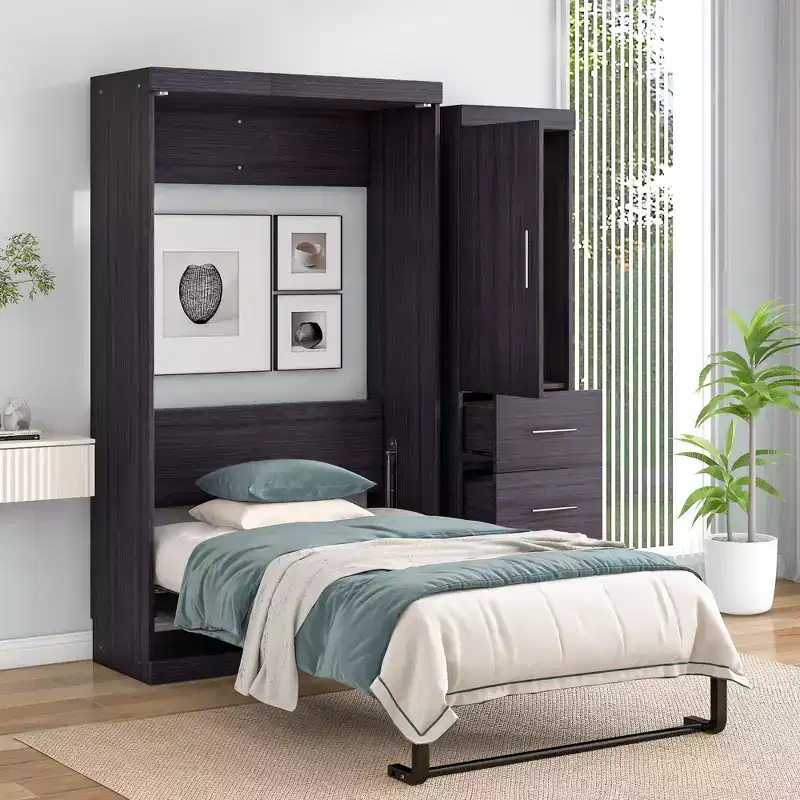 Murphy Bed with Wardrobe and 3 Drawers – Foldable Wall Bed Frame