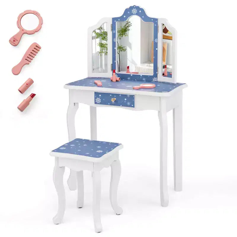 Costway Kids Vanity Table & Stool Set with Cute Polka Dot Print Tri-folding Mirror Drawer Pink&White/Light Pink&White/Pink&Black/Blue/Pink