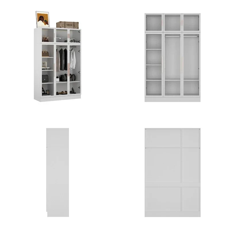Armoire de rangement avec éclairage LED et portes entièrement vitrées, style dressing.