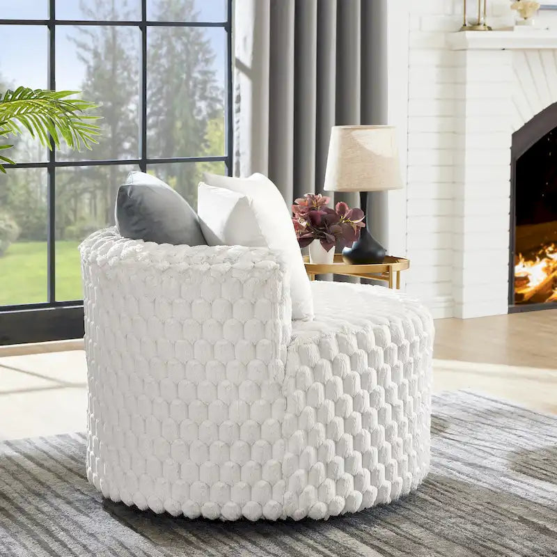 Off White 3D Upholstered Barrel Accent Chair with Wheels