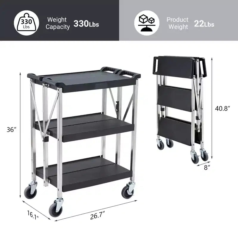 3-Tier Foldable Utility Cart with Wheels  Heavy Duty Stainless Steel Rolling Storage Organizer for Kitchen, Garage, Workshop & Restaurant