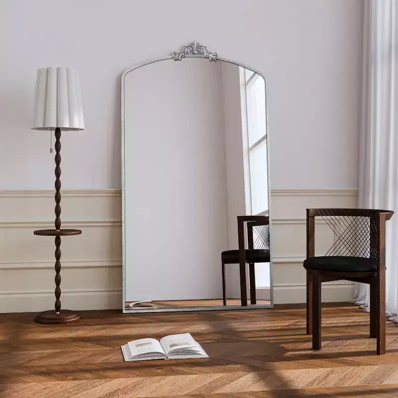 TUYOHW Modern Vintage Full Length Mirror for Bedroom,Dressing Room,Oversized Standing Full Wall Mirror with Ornate Arch,Silver