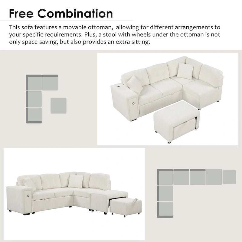 L-Shaped 4-Seat Sectional Sofa with Pull-Out Bed, Ottoman, USB Ports & Drop-Down Table