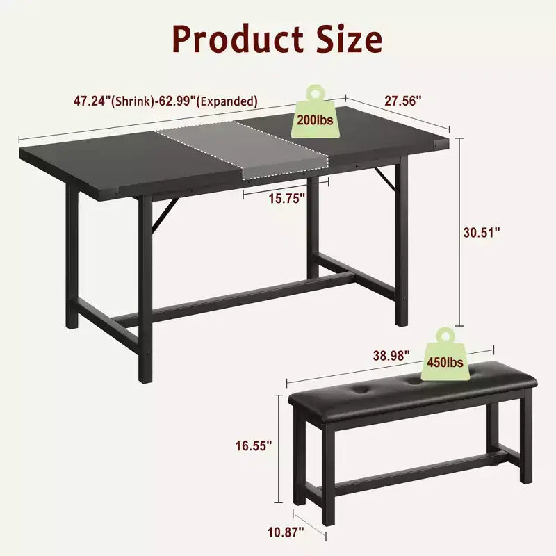 3 Piece Dining Table Set for 4-6, 63 Extendable Kitchen Table and Bench Set for 6, Metal Frame Rectangle Kitchen Table Set with 2 Upholstered Benches