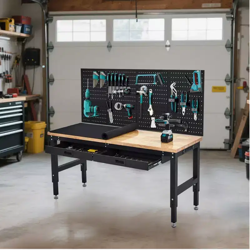 60 Inch Work Table for Garage, 2000 Lbs Heavy Duty Work Bench with Pegboard and Drawers, Rubber Wood Adjustable Workbench with Power Outlets