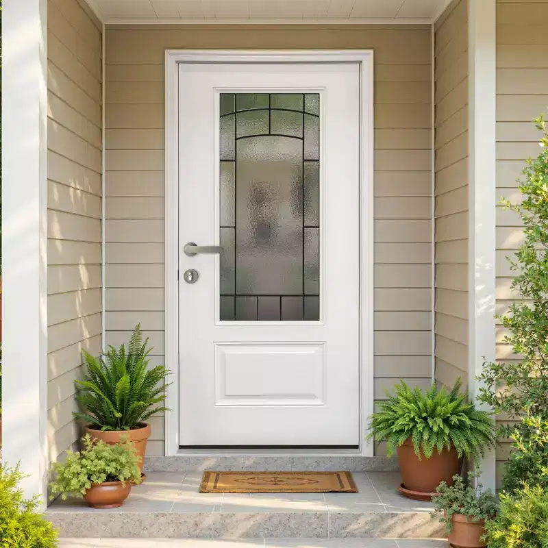 PexFix 36x80 Smooth Fiberglass Entry Door 3/4 View Frosted Glass Classic Front Entrance Right Hand Inswing White Primed Knock-Down Door