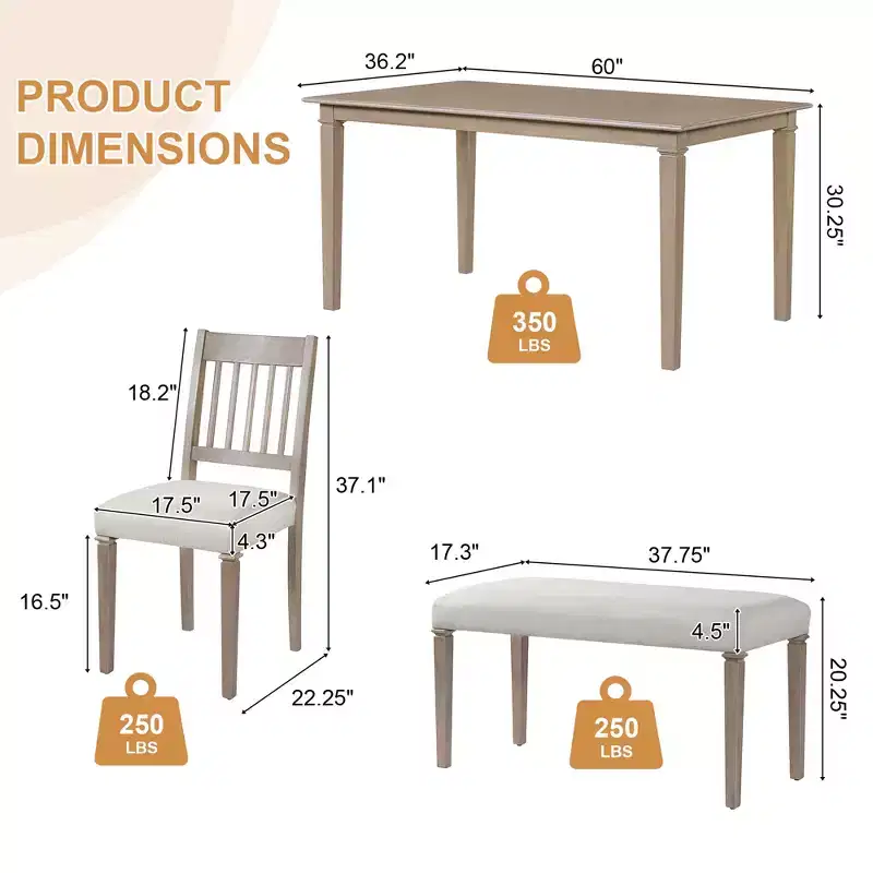 Farmhouse Dining Room Set for 6, 6 Pieces Wooden Rectangular Table and 4 Chairs with Bench for kitchen