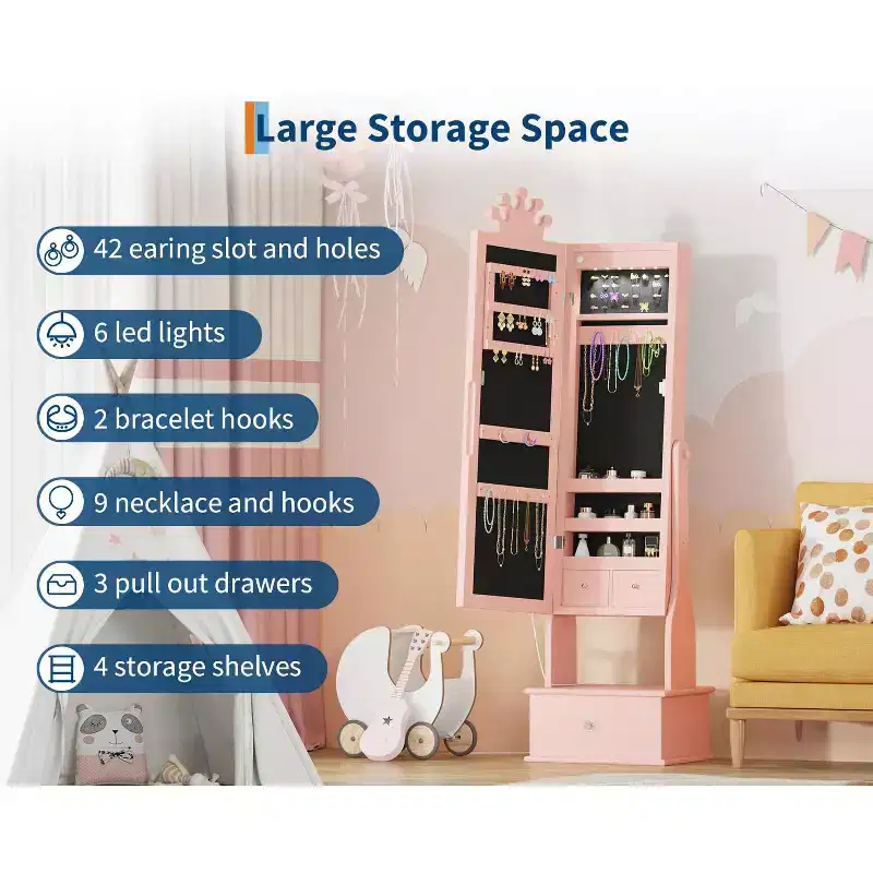 Freestanding Kids Jewelry Armoire Cabinet, 3 Storage Drawers, Anti-Tip, Adjustable Tilt, for Living Room