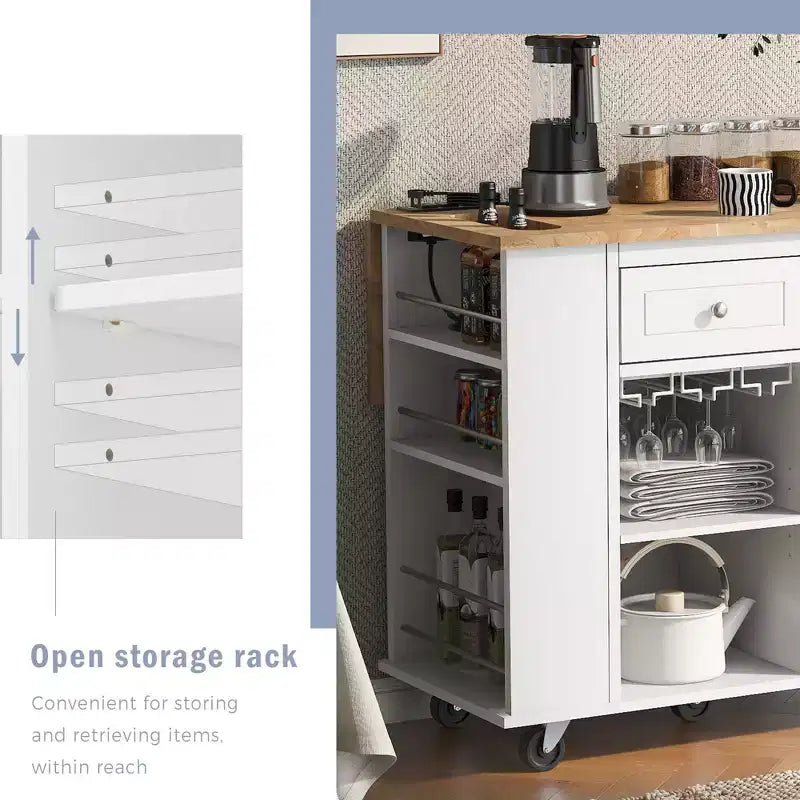 Rolling Kitchen Island with Drop Leaf and Power Outlet