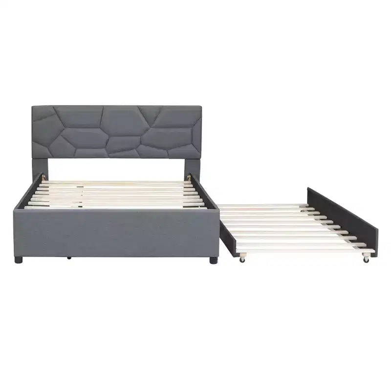 MAYEERTY Full Size Upholstered Platform Bed, Brick Pattern Headboard Twin Trundle Linen Fabric, Bedroom, Gray