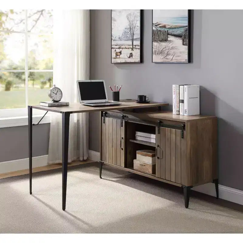TUYOHW 48 L-Shape Writing Desk,Modern Computer Desk with Sliding Barn Door Storage,Cord Management,Metal Legs,Study Desk for Home Office