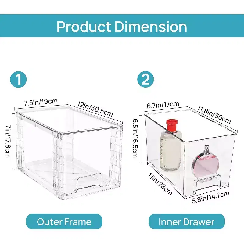 6 Pack Clear Acrylic Stackable Storage Drawers, for Bathroom Closet Undersink, Kitchen Cabinets, Pantry and Vanity
