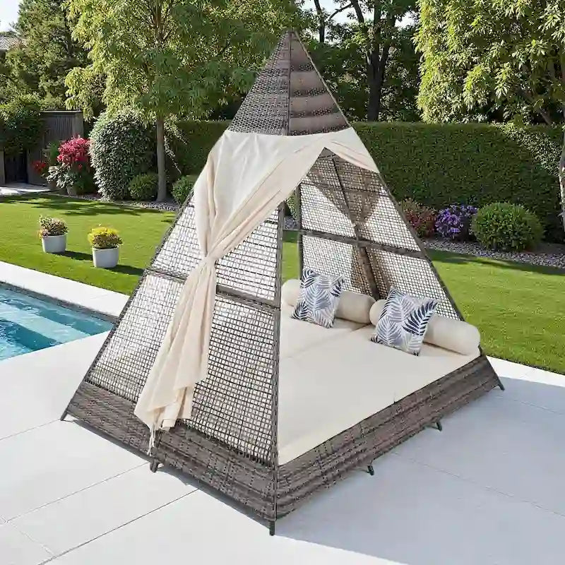90.5 Outdoor Patio Wicker Triangle Tent Daybed Sunbed with Colorful Pillows and Curtain