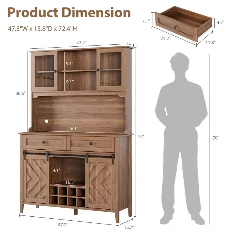 72 Tall Kitchen Pantry Cabinet, Freestanding Buffet Hutch with Sliding Barn Door & 2 Drawers, Wood Coffee Bar Cabinet for Living Room Kitchen