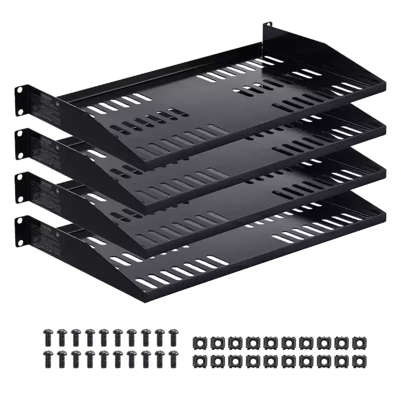 VEVOR 1U Server Rack Shelf, 4 PCS, 50 lbs Max Load-Bearing Vented Cantilever, Wall Mount or Rack Mount Shelf with Tray, 10 in Depth, Black