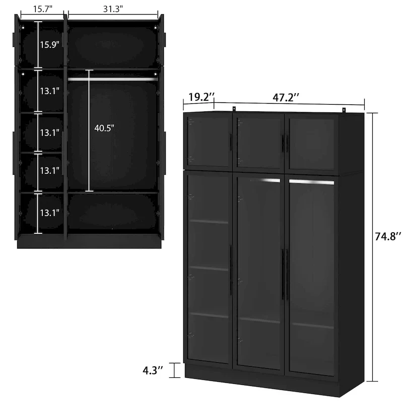 Armoire de rangement avec éclairage LED et portes entièrement vitrées, style dressing.