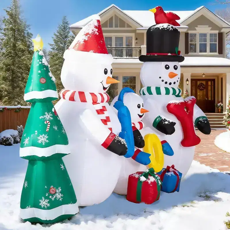 8FT Christmas Inflatable Decoration Inflatable Snowman Family with JOY and Xmas Tree Blow Up Yard Decorations for Holiday Party Front Yard Lawn Garden