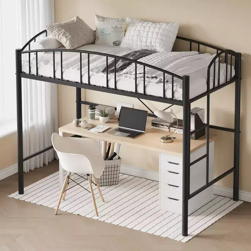 Twin Loft Bed with Stairs & Arched Guardrail, Metal Platform Bed with Strong Slats, Space-Saving, Noise-Free, No Box Spring Needed, Kids & Dorm Room