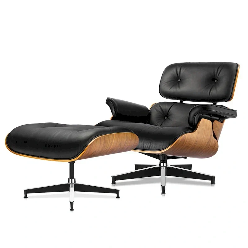 Furgle Genuine Leather Accent Lounge Chair and Ottoman Walnut Wood