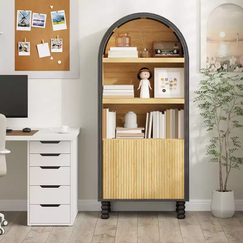 5-Tier Arched Bookcase with Open Shelves and Cabinet, Freestanding Display Storage Shelf