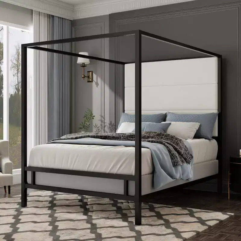 GDFStudio Patrick Modern Queen Canopy Bed with Tall Velvet Upholstered Headboard