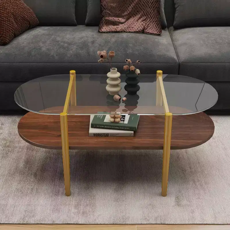 MAYEERTY Oval Shaped Glass Coffee Table with Double Layer Transparent Glass Coffee Brown MDF for Living Room