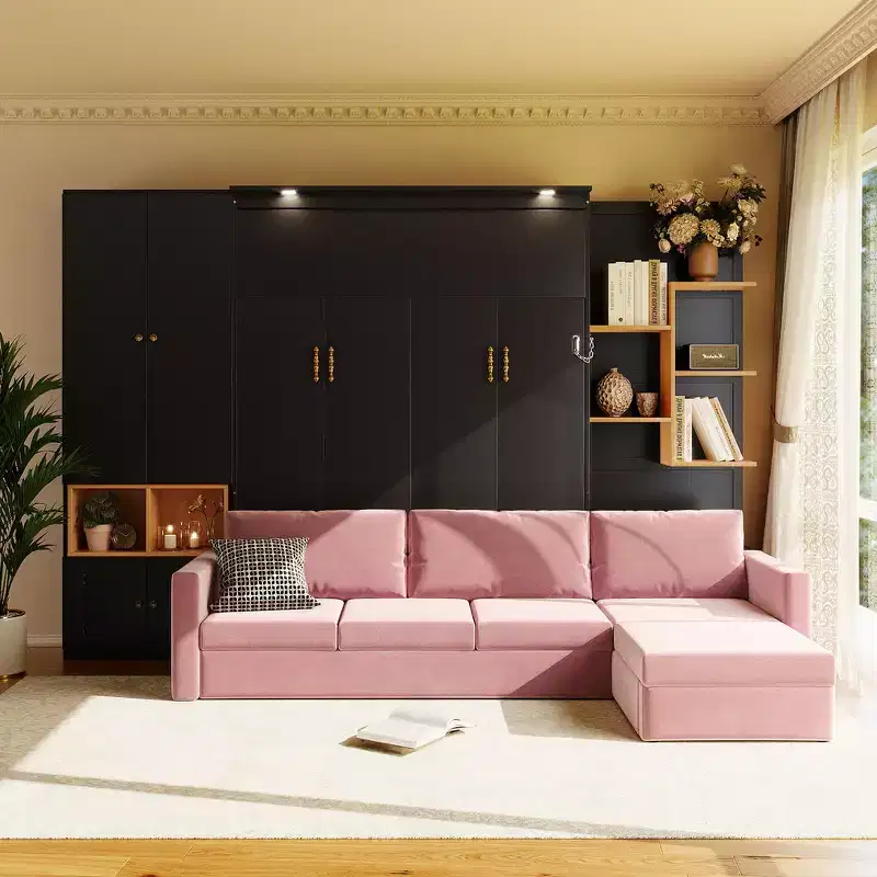 Queen Murphy Bed Frame with Gray Sofa, Storage Shelves & Cabinets