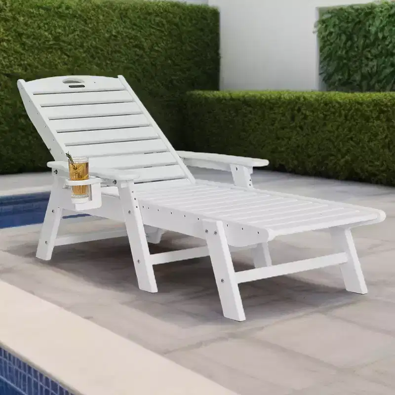 VEVOR Chaise Lounge Chair, 6 Positions Adjustable Patio Lounge Chair, Outdoor HDPE Lounge Chair with Backrest & Cup Holder, White