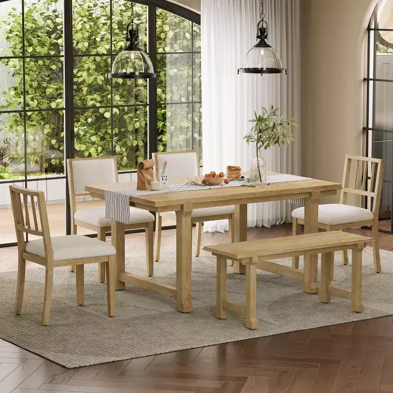 ModernLuxe 6pcs Dining Table Set Dining Set for 6, Family Kitchen Table Set with Ergonomic Padded Dining Chairs & Bench