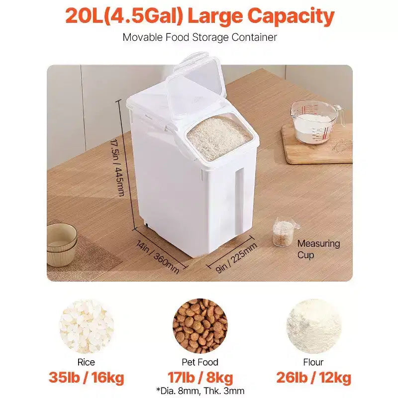 VIYET 4.5Gal/20L 1Pack Airtight Food Storage Container, Wheels & Measuring Cup for Rice Pet Food Grain Flour,white