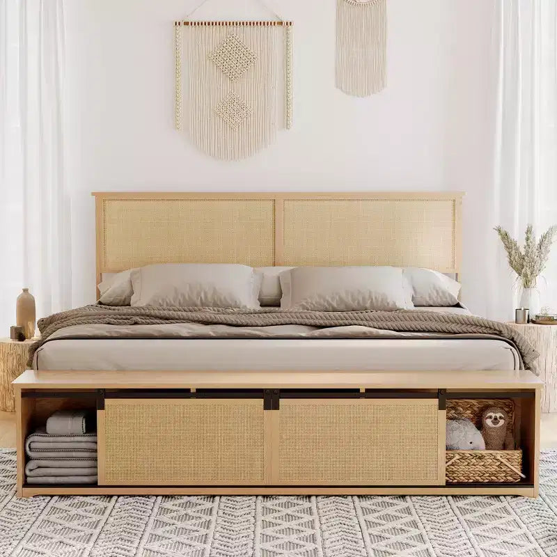 Natural Rattan Full Size Bed Frame with Sliding Barn Door Storage & Smart Light Headboard